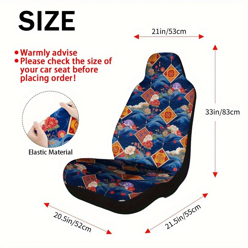 2pcs, Stylish Car Seat Covers Japanese Kimono Fans Waves Flowers Style, Durable And Soft, Perfect Fit For Single Front Car Seats