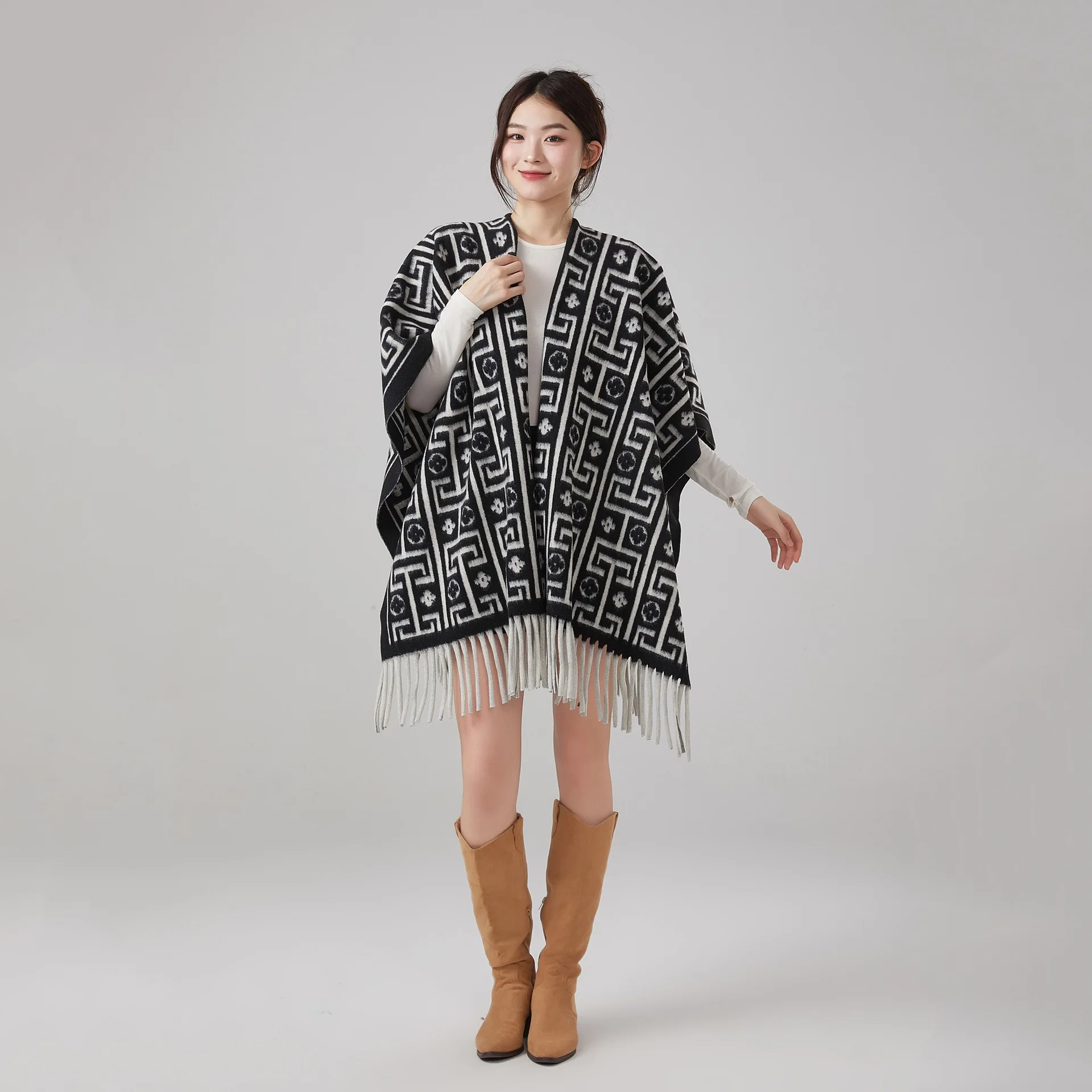 Imitate Alpaca Wool Tassel Double-sided Wrap Skirt Women's Autumn/Winter Fashion Luxury Travel Warm Outerwear Cape Coat