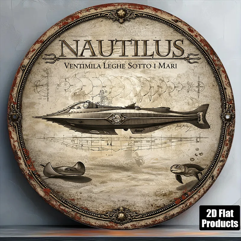 2D Flat Retro Nautilus Submarine Round Aluminum Sign - Sci Fi Steampunk Wall Decor for Bar Study Office Home Gift