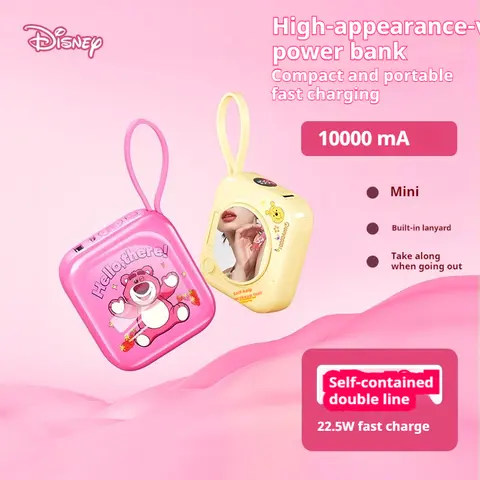 Auténtico banco de energía de carga rápida de alta capacidad de Disney de 10000mah con Cable incorporado banco de energía móvil compacto y espejo de maquillaje
