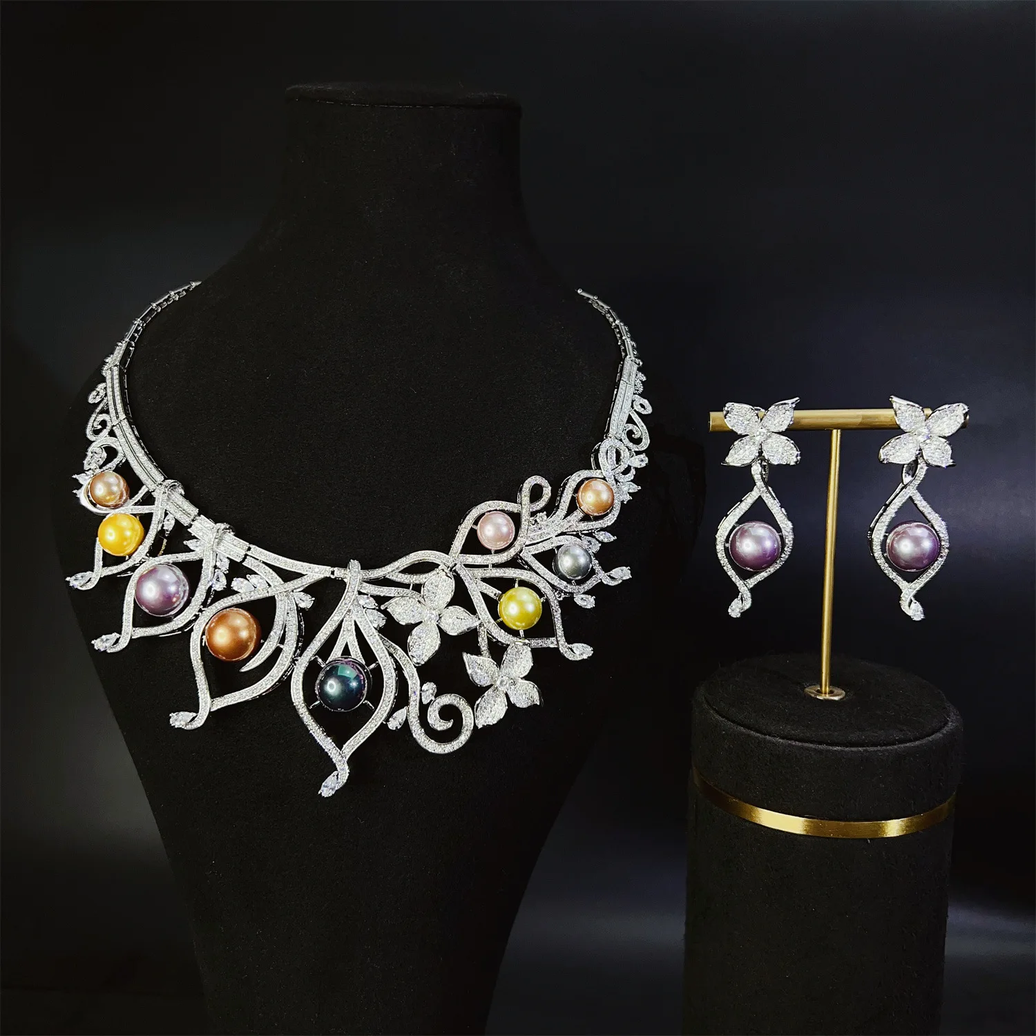 

wedding bride jewelry sets shiny zirconia pearl large flower necklace earrings anniversary gift women dinner party jewellery