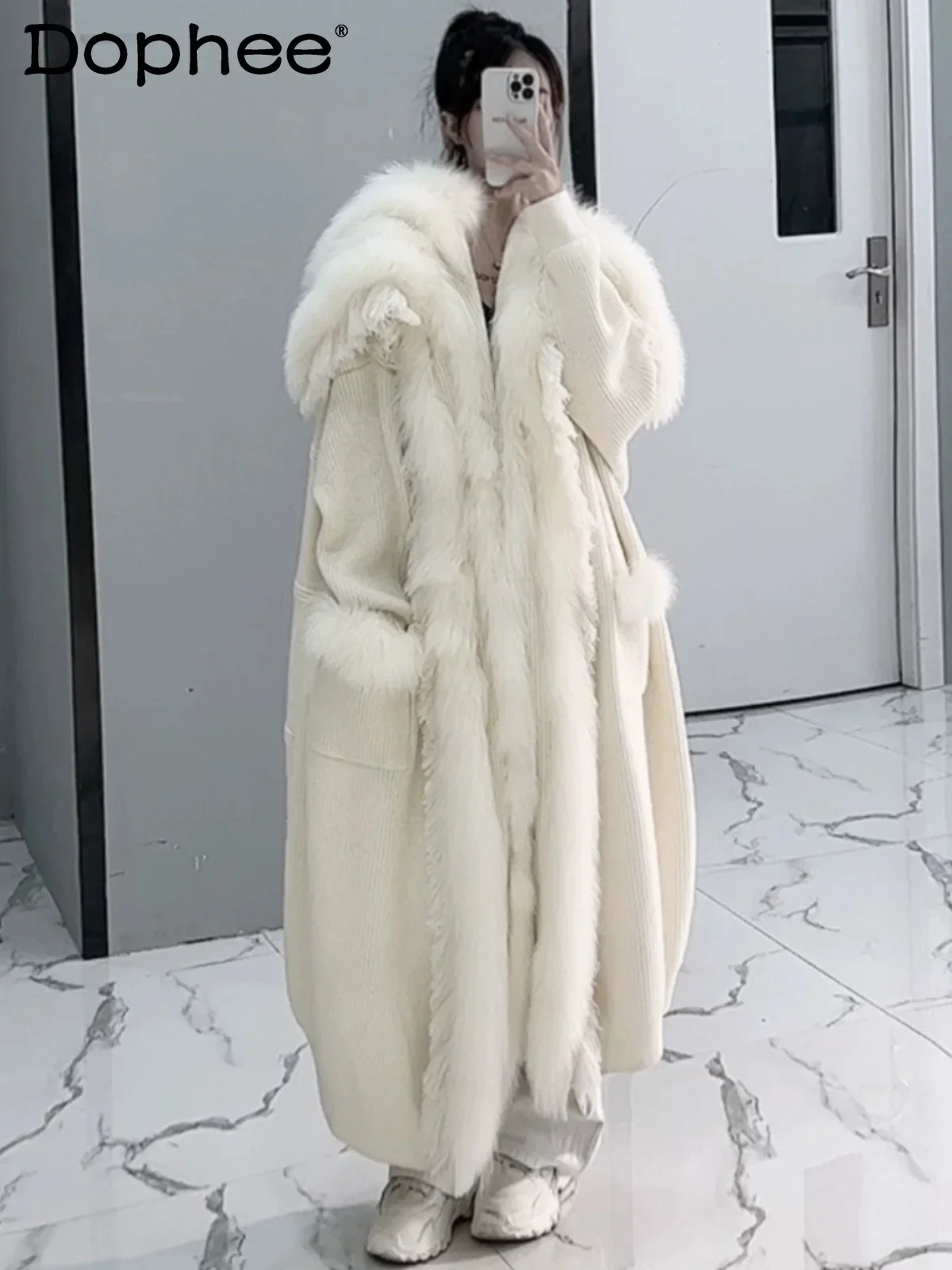 Fox Fur Stitching Sweater Women 2023 Autumn Winter New Loose Large Lapel Fur Coat Long Black Cardigan Female Oversized Cardigan