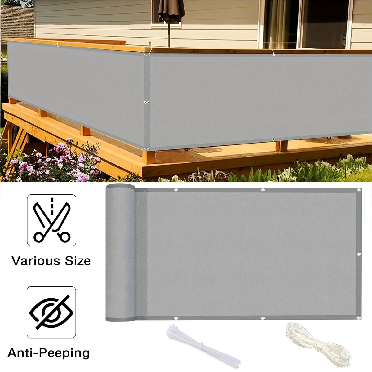 

Штора для балкона, тканевый тент для улицы, навес для садового забора, с кабельными стяжками и защитой для перил - серый