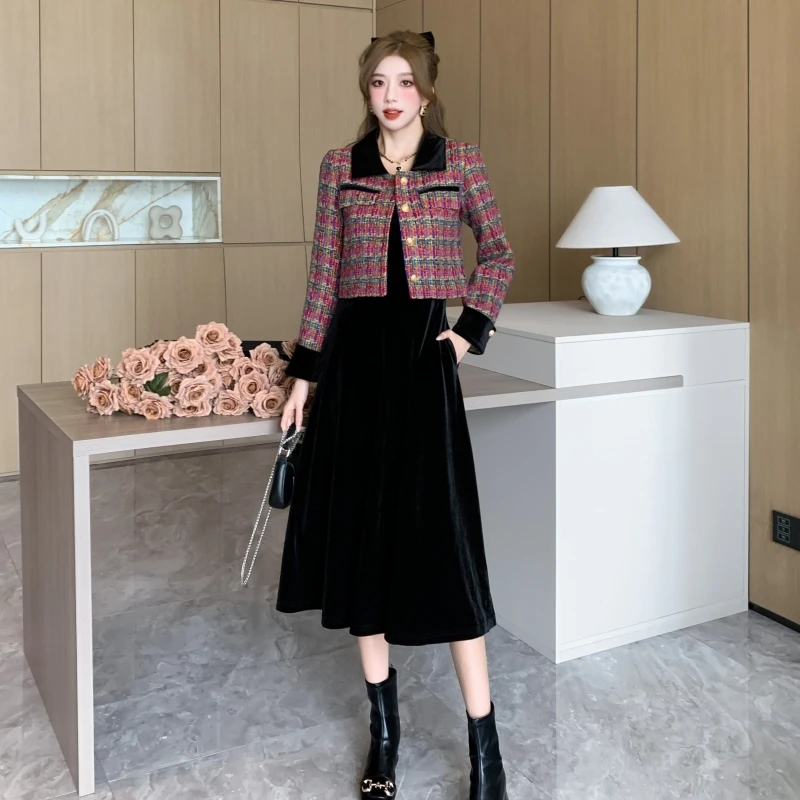 Ensemble deux pièces en tweed de luxe pour femme, veste courte à revers à simple boutonnage, manteau et robe midi en velours, bretelles spaghetti sexy, olympiques d'automne