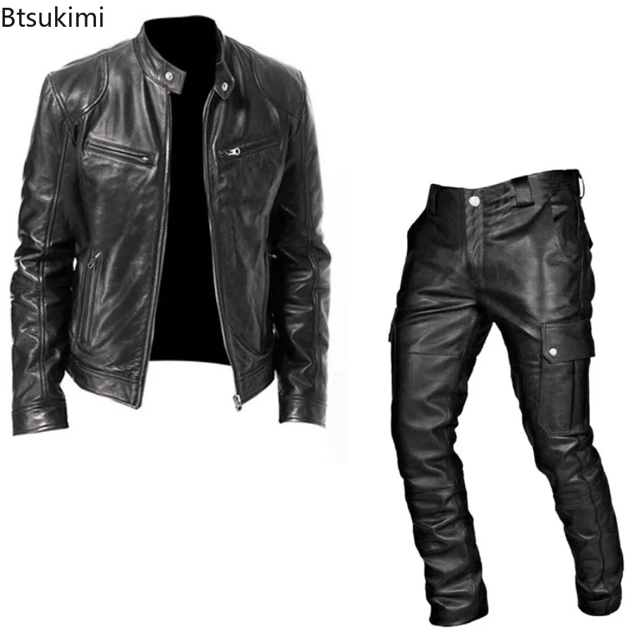 Fashion Motorcycle Leather Clothes Sets Men's Multi-pocket Stand Collar PU Jacket+Leather Pants 2-pieces Casual Cosplay Costumes