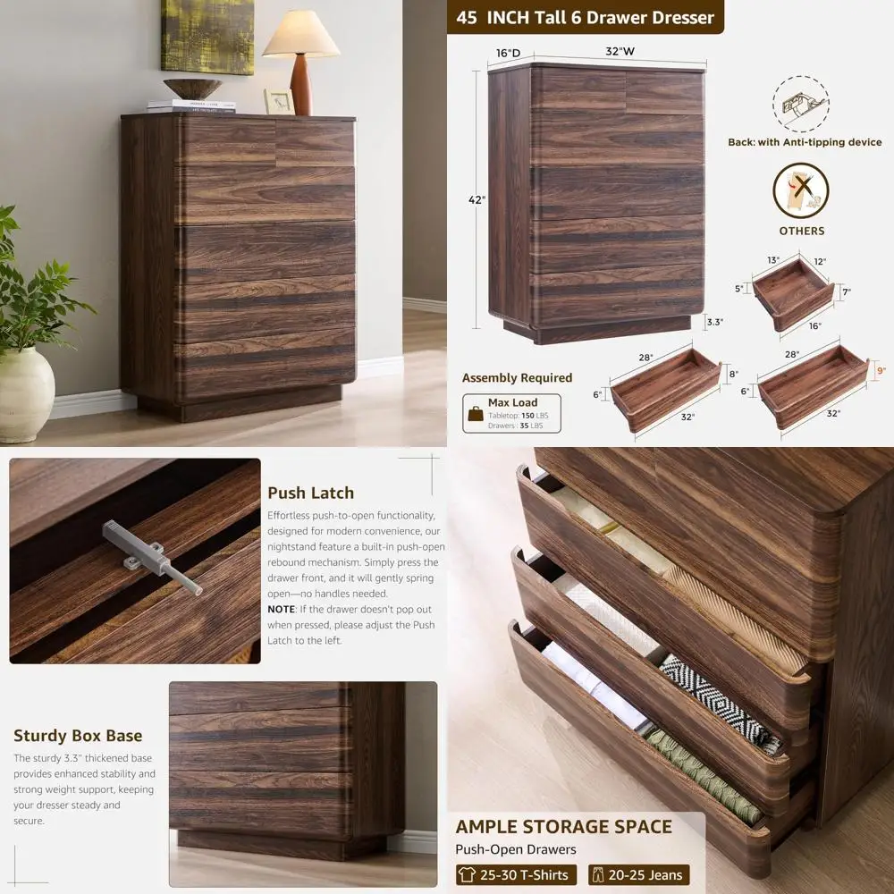 

Современный деревянный комод высотой 42 дюйма с 6 большими ящиками для спальни