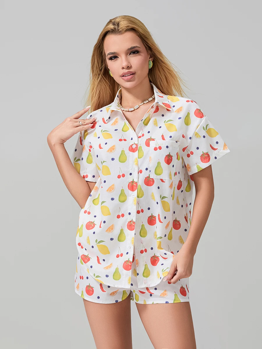 Summer Women 2PCS Sleepwear Set With Fruit/Flower Printed Button Down T-Shirt  Elastic Waist Shorts Casual Wear Soft Sleepwear