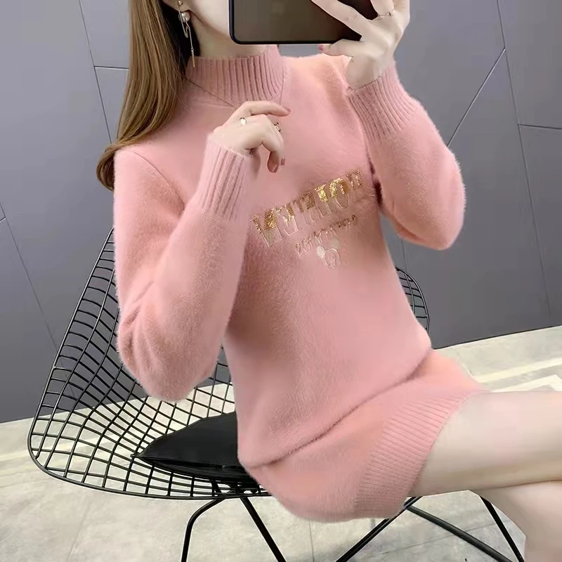 レディースミドル丈厚手フード付きセーター水兎ベルベット秋冬新作万能ベースシャツ通勤スタイル