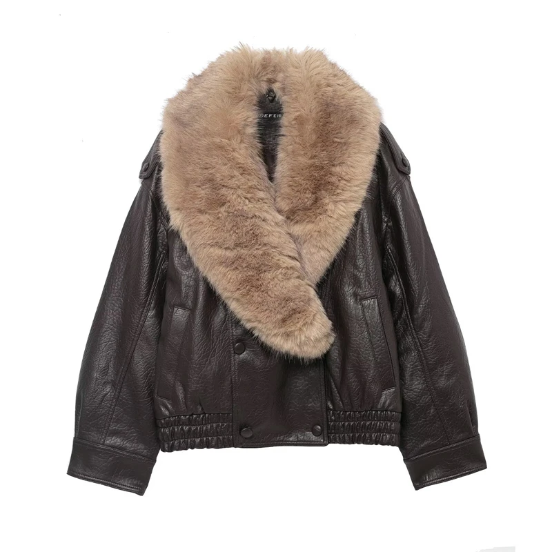  Vintage Brown Faux Leather Jacket for Women Faux Fur Collar Short Coat Casual Streetwear"