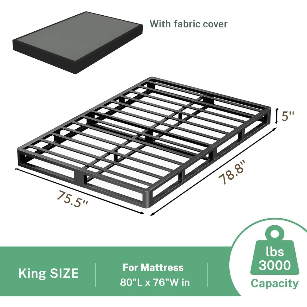 Cadre de lit King en métal de 5 pouces, coin rond, plate-forme basse, 3000 LBS, lattes en acier robustes, Support de matelas, fond de teint non