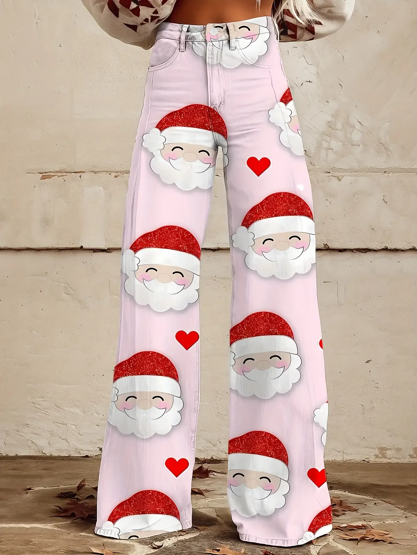 Ladies' imitation denim pants with blue background and Santa Claus snowflake pattern autumn and women's exclusive