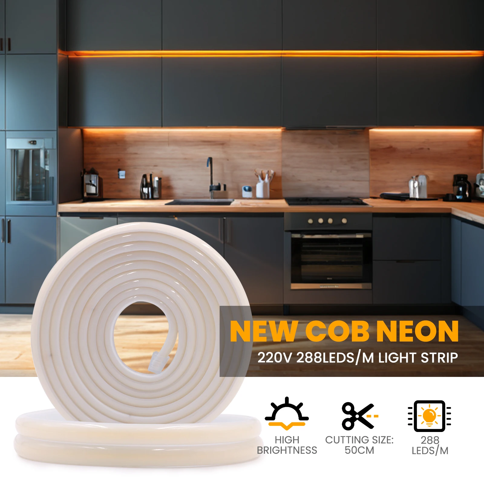 Waterproof COB LED Strip 220V LED Neon Strip With Switch Dimmer High Density 288LEDs/m Flexible Neon LED Lights COB Tape