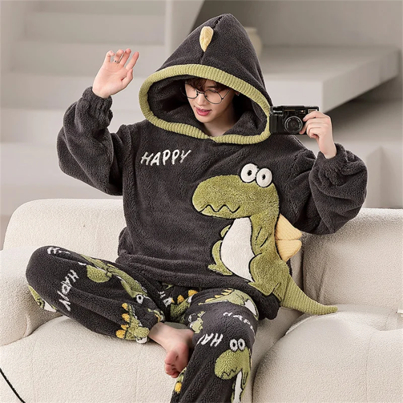 Men Pajamas Set Winter Cartoon Hooded Coral Fleece Sleepwear Thickened Warm Home Suit 5XL Oversized Comfortable Loungewear