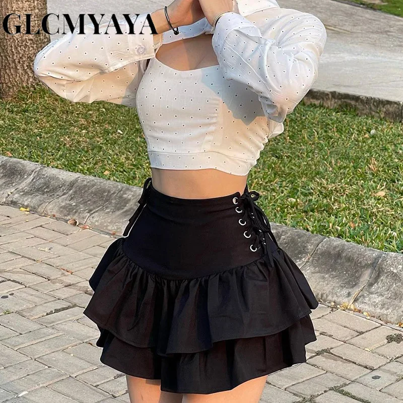 

GLCMYAYA Women Streetwear Bandage Girdling Tierred Spliced Solid Skirts 2023 INS Summer Fashion Sexy Stacked Pleated Skirt
