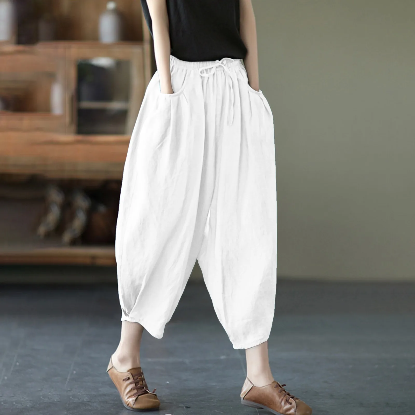 

Women'c Thin Breathable Harem Pant Solid Color Casual Overszied Cotton Linen Wide Leg Pants Loose Style Holiday Trousers