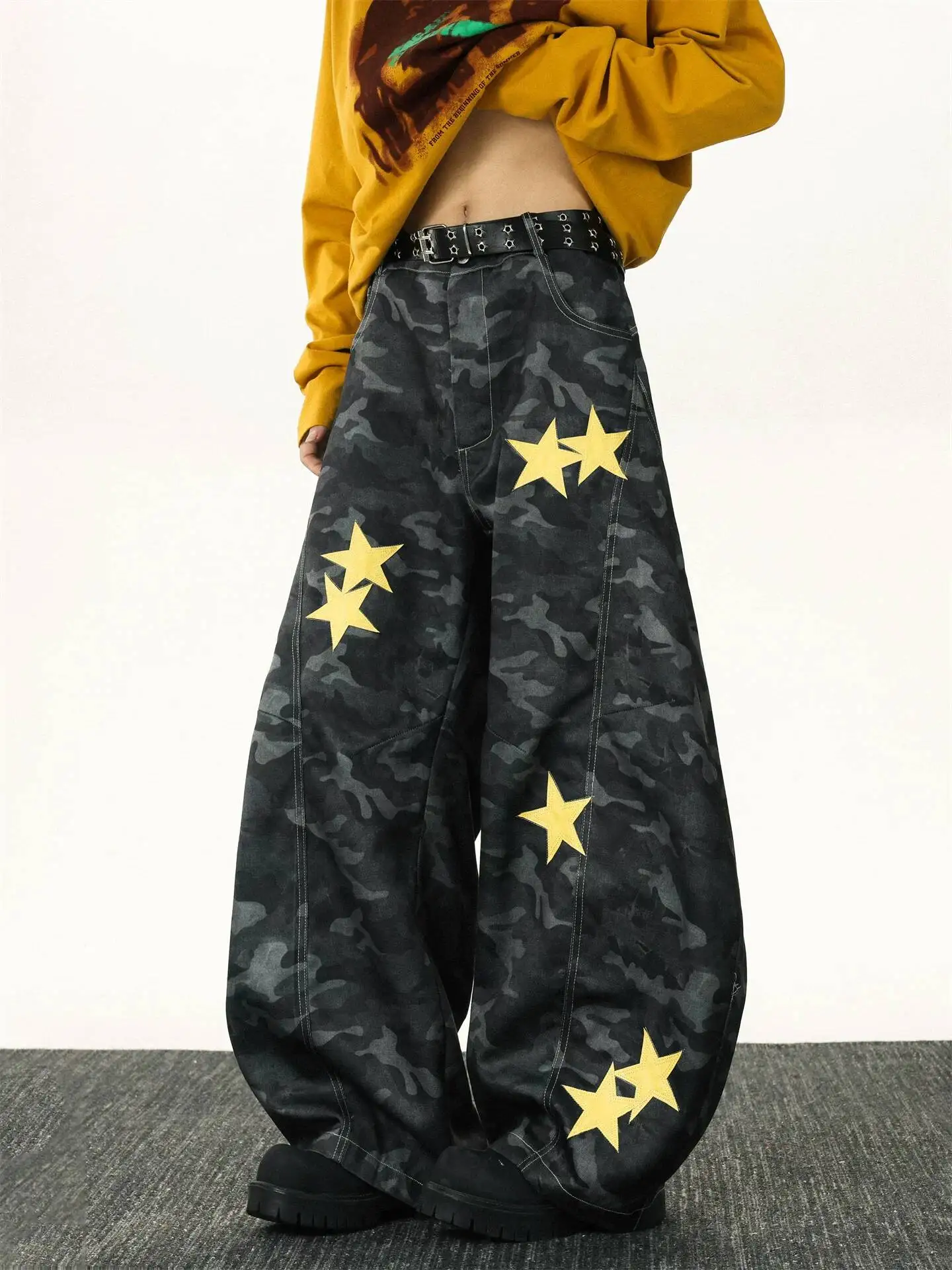Unsiex Jeans 2026 High Street Star Print Jeans For Men High Street Versatile Loose Wide Leg Floor Length Denim Pants Trousers