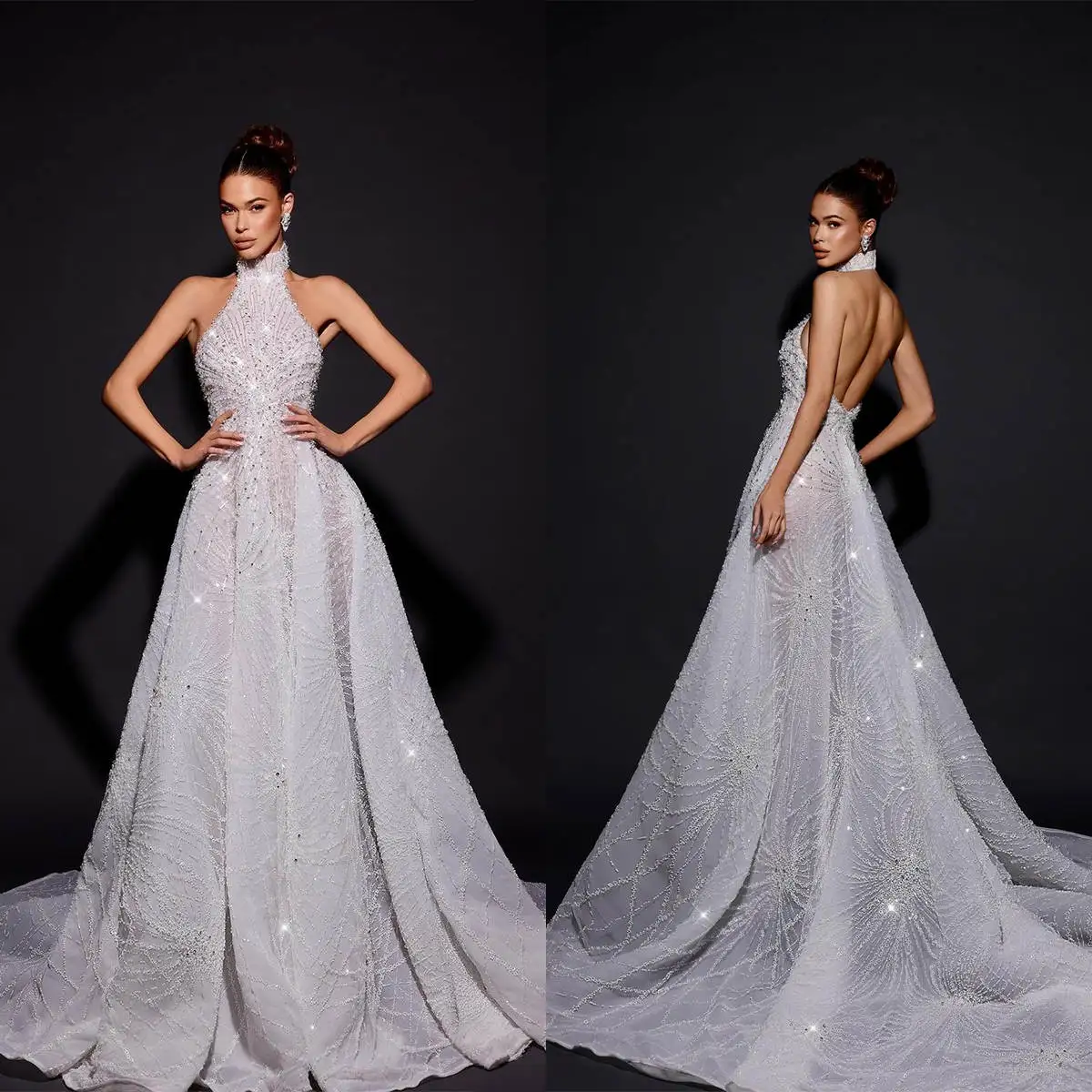 

Gorgeous A Line Wedding Dress Halter Sequins Beading Sleeveless Bride Gowns Sweep Train Tulle Bridal Dresses Custom Made