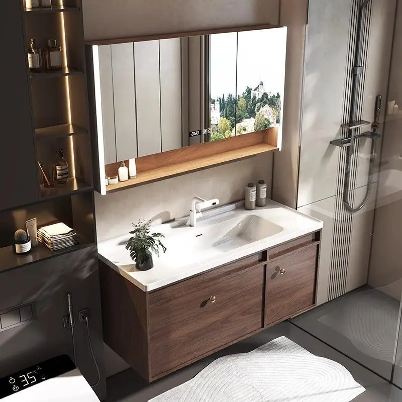 Medieval ceramic integrated basin, walnut color bathroom cabinet, bathroom, face washing, hand washing and washing combination