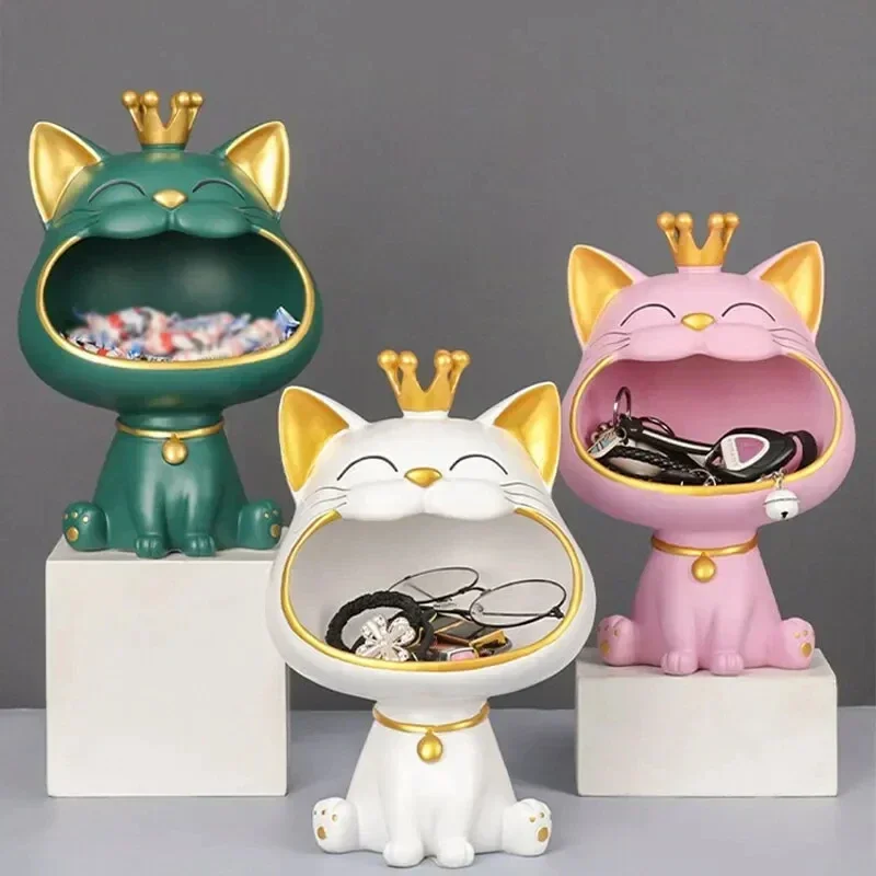 

Fortune Crown Big Mouth Cat Entrance Key Storage Tray Decorative Ornament, Light Luxury Housewarming Gift Sculpture