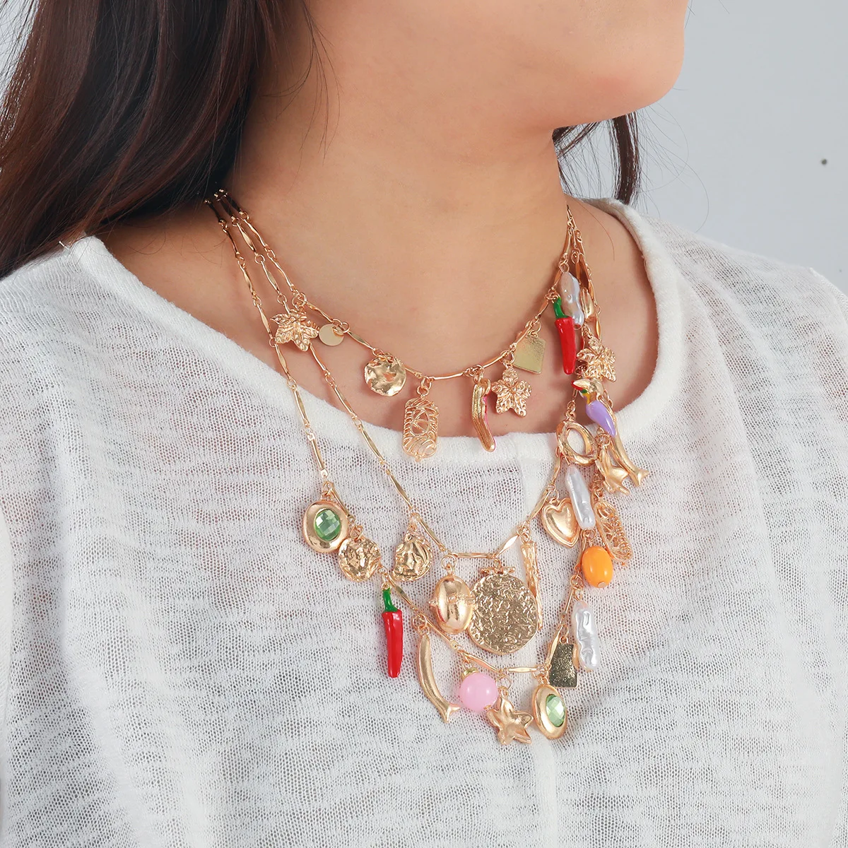 

ZAA Chili Imitation Pearl Multi-layer Flower Starfish Cute Necklace