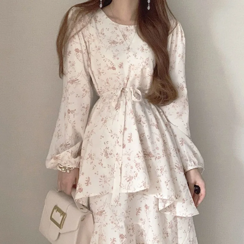 Bohemian Floral Print Dresses Women Fashion Korean Puff Sleeve Midi Dress Elegant Belted Layered Ruffled Hem Vestidos