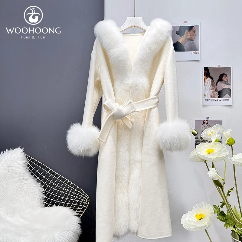 

New Winter Clothes Natural Fox Fur Collar Wool Coat Women'S Long Cashmere Reversible Coat Fashion Real Fur Coat