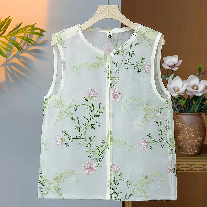 Women New Chinese Style Sheer Mesh Embroidered Waistcoat Sleeveless Thin National Wind Vest Summer