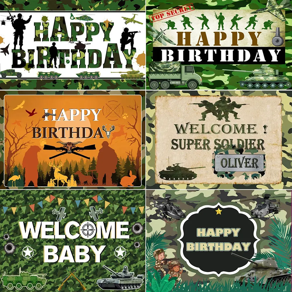 

Happy Birthday Backdrops for Photography Army Soldier Camouflage Military Theme Party Boys Portrait Backdrop Decorate Props