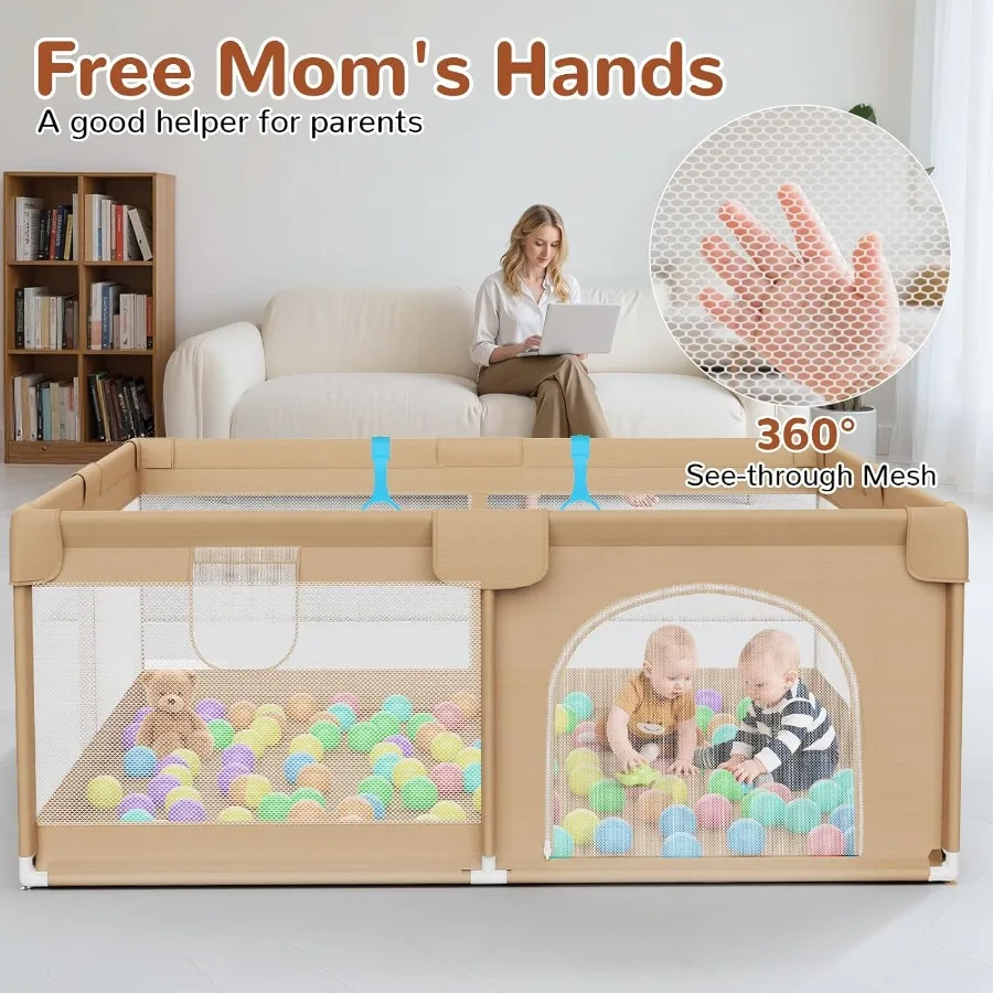 Large Baby Playpen 71x59 Inch Play Pen PlayardsPlaypen for Babies and Toddlers with 50 Ocean Balls and2 Handles-Sturdy Safety B