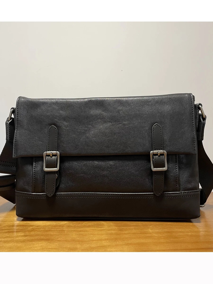 Daily commuting handmade first layer cowhide men's messenger bag casual designer luxury genuine leather work black shoulder bag