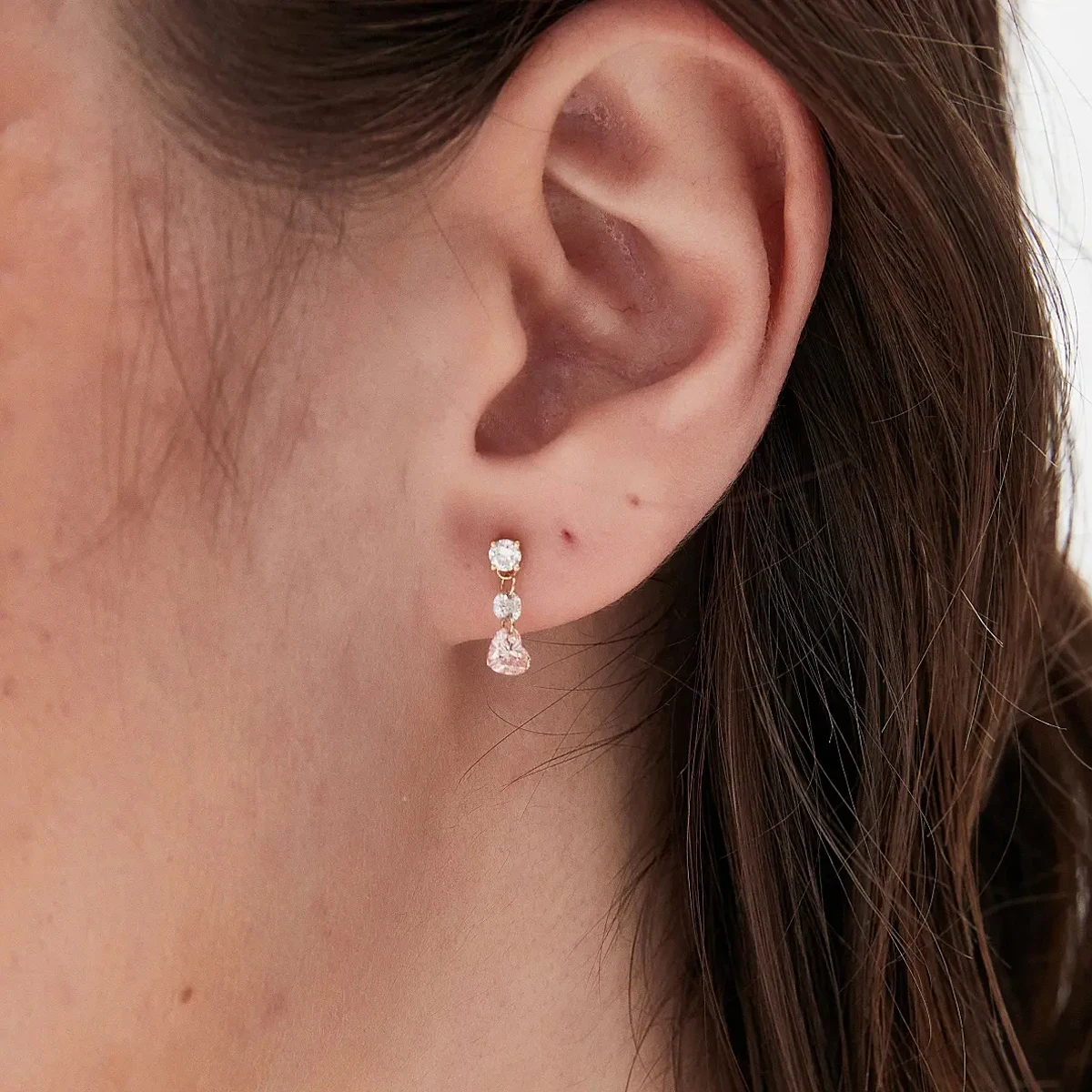 Round and Pink Heart Cut Lab Created Diamond Single Earring 9K/14K/18K Solid Gold Lab Diamond Floating Earring Fashion Jewelry