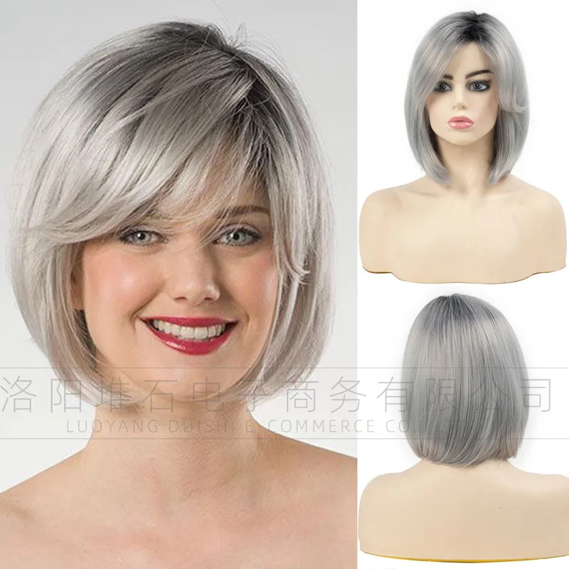 European and American 's wigs, -white straight , middle-aged women's short hair, silver fashionable fluffy