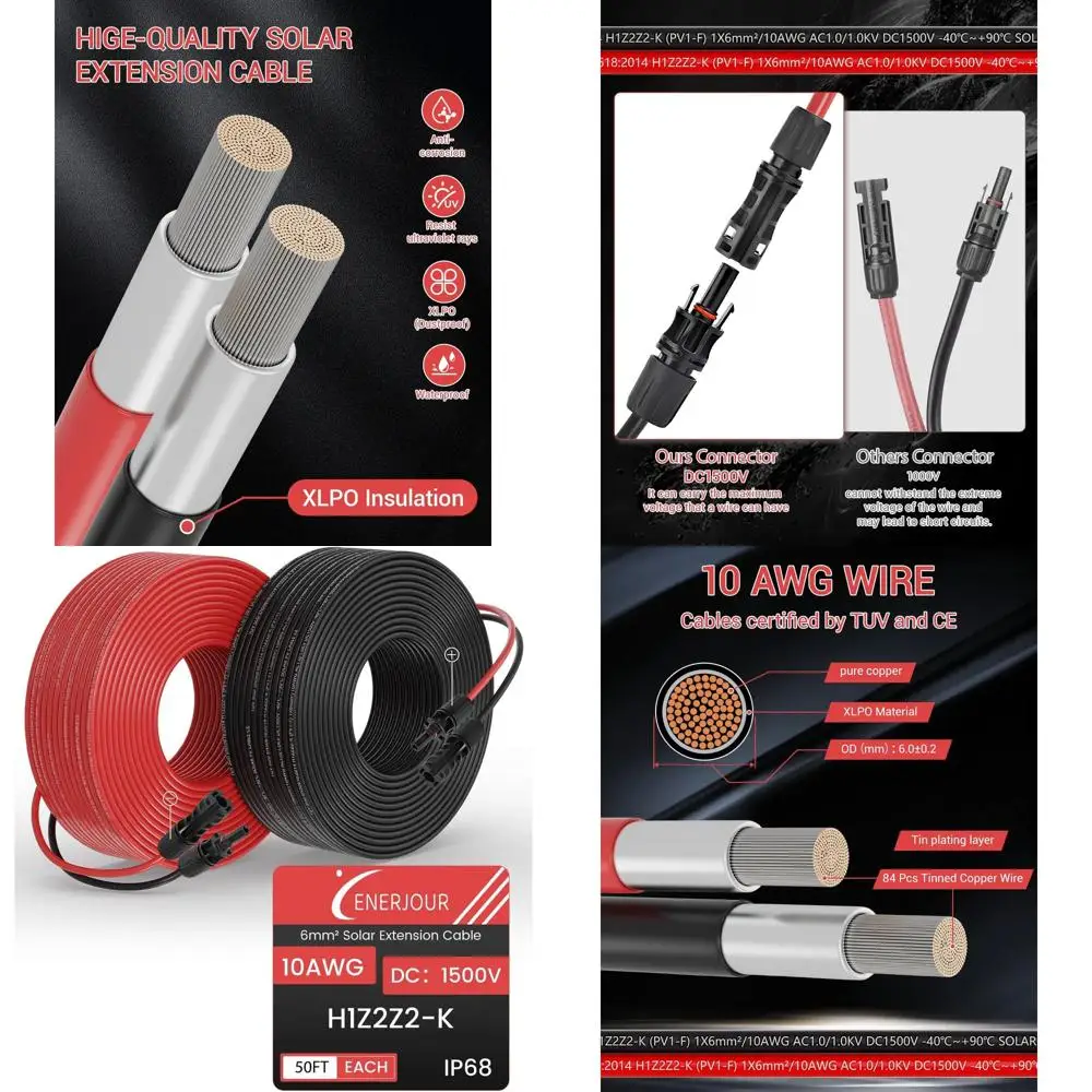

Удлинительный кабель 10AWG, 50 футов, медный провод 10 калибра с луженым покрытием и водонепроницаемыми разъемами для солнечных систем, автодомов и морского применения
