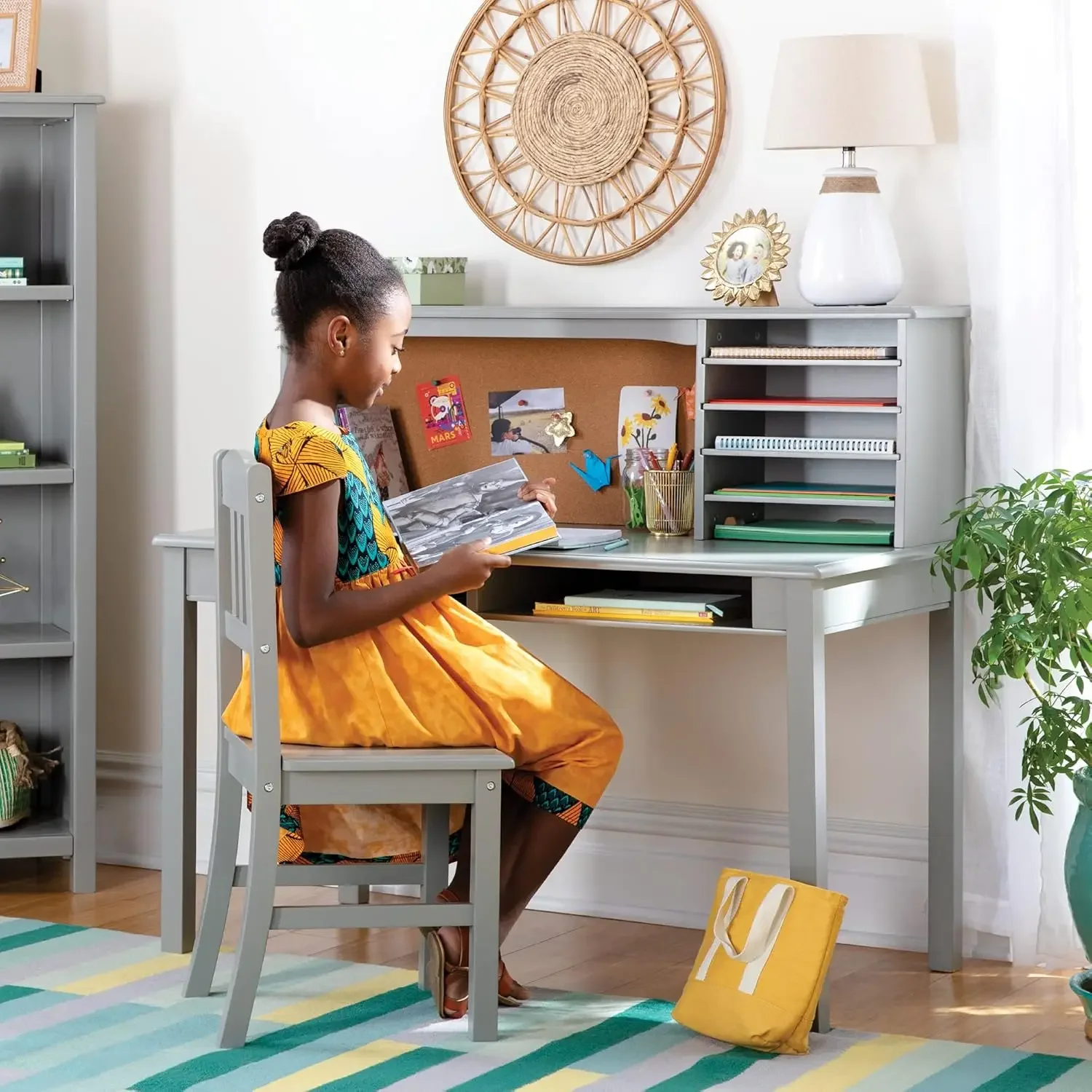 Children’s Media Desk and Chair Set – Gray: Student's Study Computer Workstation and Writing Table with Hutch and Storage Shelve