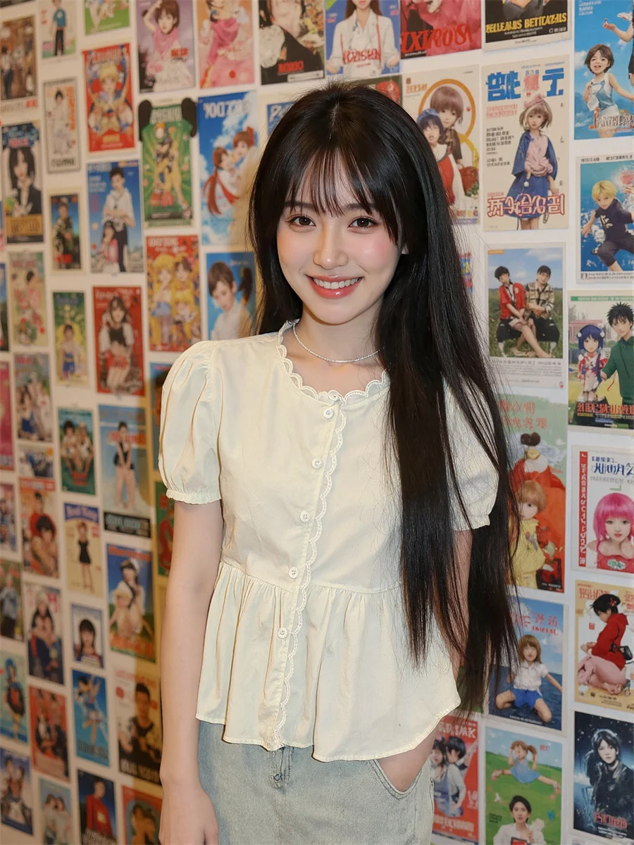 

Милые рубашки, женская летняя легкая блузка с коротким рукавом, кружевной отделкой, рюшами на воротнике и пышными рукавами для повседневного обращения Kawaii