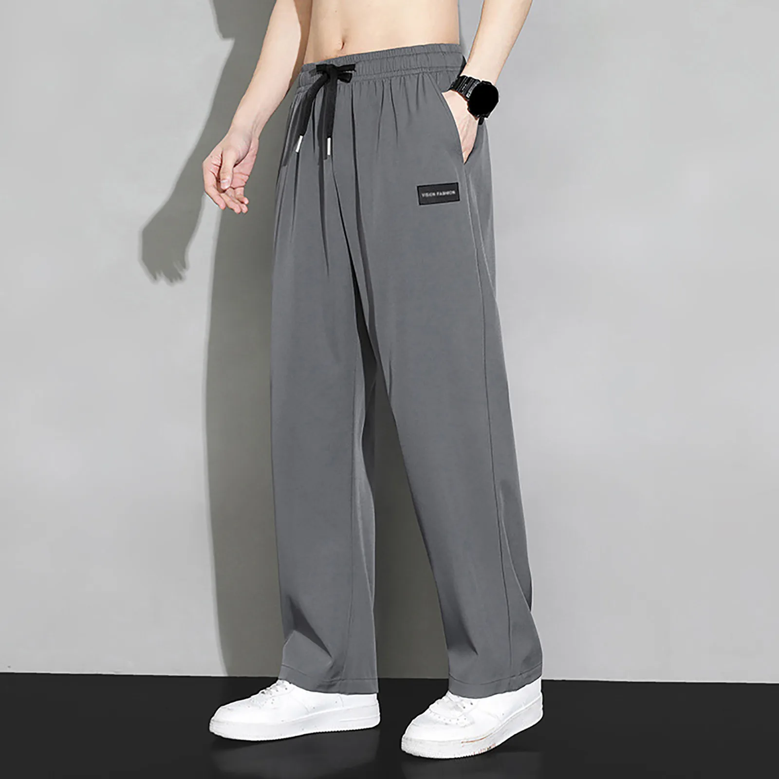 

Men's Sports Pants Summer Thin Loose Tight Waist Ice Silk Casual Lace Up Pocket Solid Color Pants Straight-Leg Drape Sweatpants