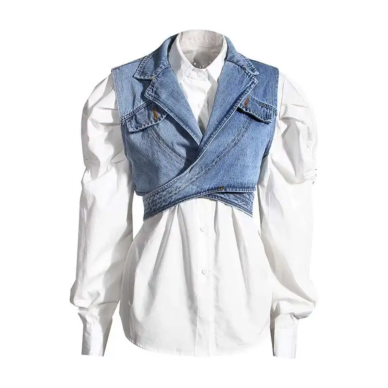 

Autumn New Two-Piece ort Denim Vest Puff SVE irt Women's Cotton Casual Sle Pure Color No-Sve Commute Trend irt