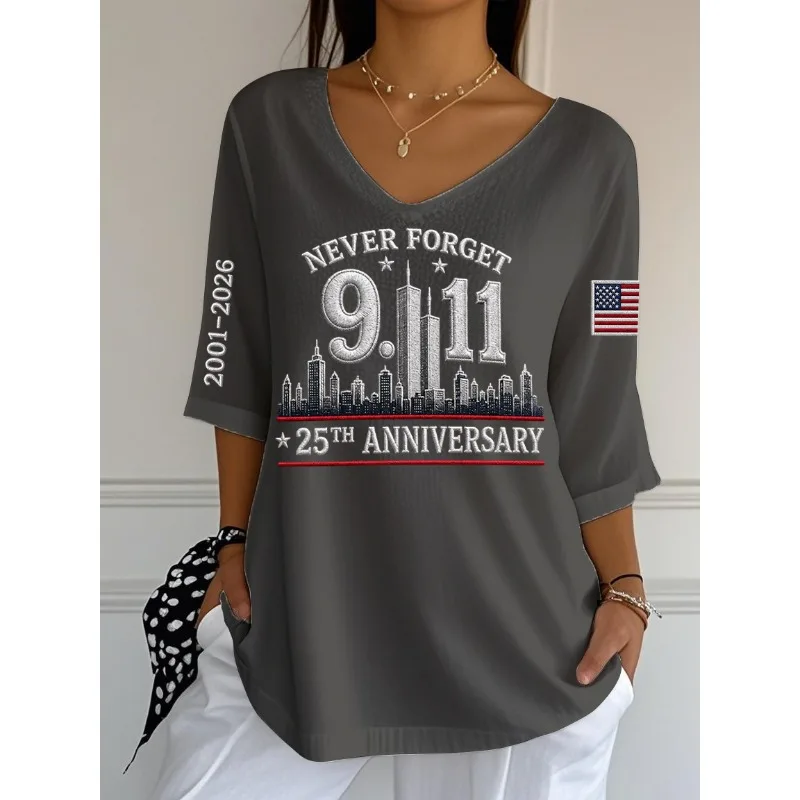 ilstile Women's America Anniversary Never Forget Print T-Shirts Summer 3/4 Sleeve Casual Loose V Neck Tops Tees NEW
