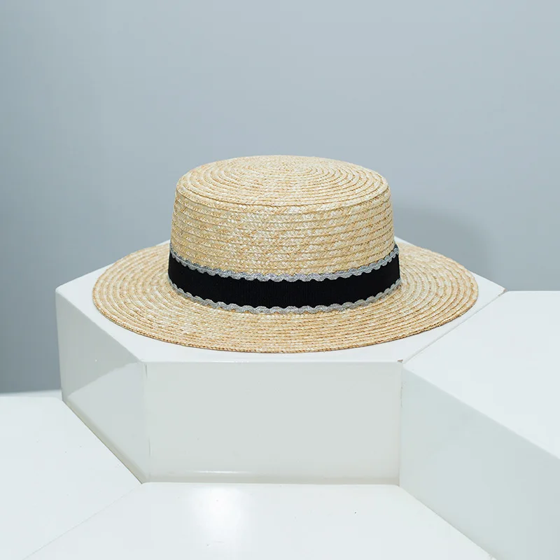Natural Straw Flat Top Hat for Women, Summer Sun Protection Ethnic Beach Vacation Curved Brim Bucket Hat