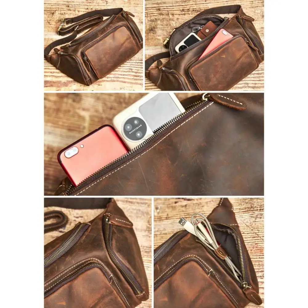 Nupugoo Leder Hüft tasche Herren Retro Cross body lässige Brusttasche multifunktion ale verrückte Pferd Ledertasche – Detail 7