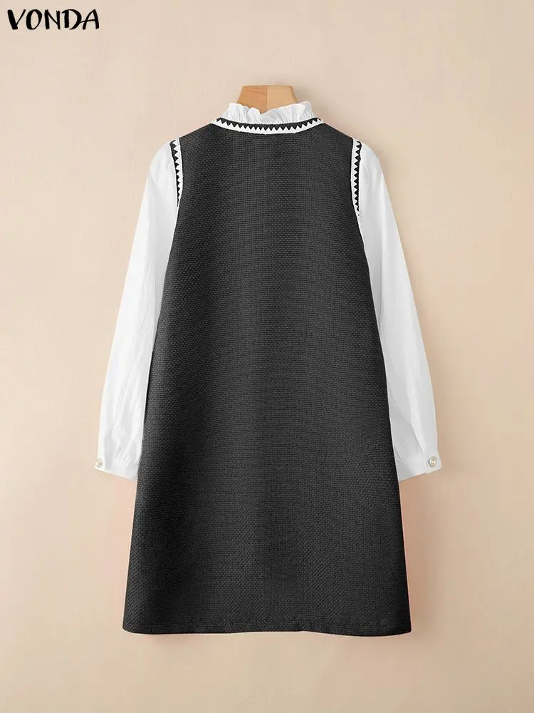 VONDA Elegancka Sukienka Biurowa Damska 2025 Jesień Patchworkowa Casualowa Mini Sukienka Letnia Długi Rękaw Modna Bandage OL Sukienka na Imprezę Vestidos