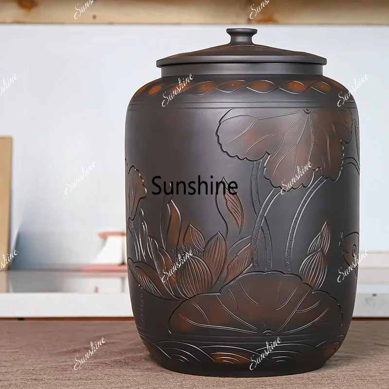 Rice tank ceramic household rice barrel with lid insect-proof seal Jianshui purple pottery