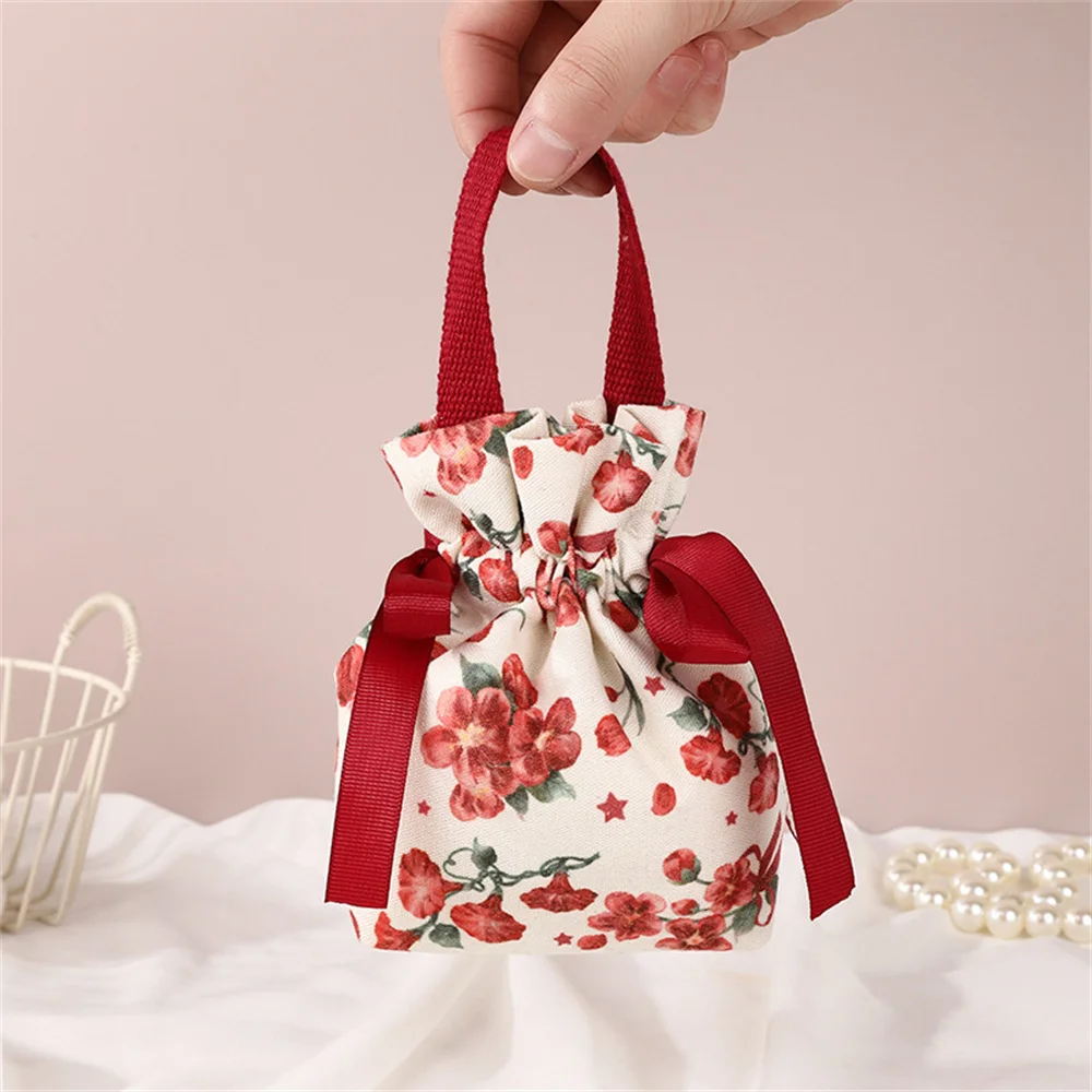 Floral Canvas Drawstring Bag Bird Large Capacity Small Flower Wrist Bag Jewerly Packing Bag Wedding Candy Bag Bowknot Handbag