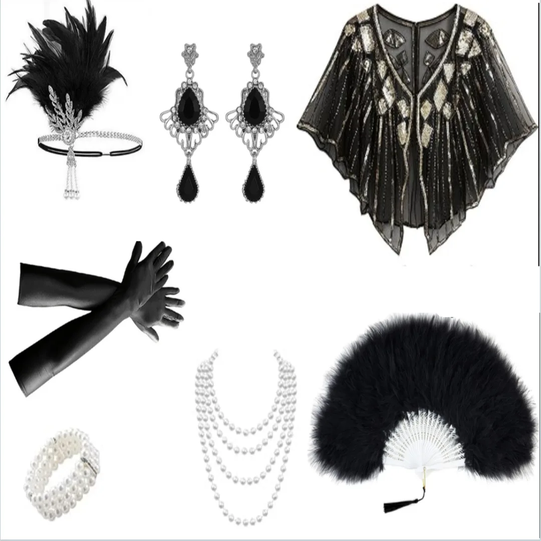 Women 1920s Flapper Accessories Set Champagne Feather Headband Sequin Cape Shawl Pearl Jewelry Long Gloves Feather Fan Great