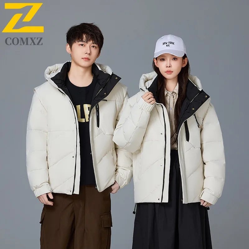 

COMXZ Роскошный пуховик, повседневная куртка с капюшоном и воротником, уличная лыжная теплая парка, модный съемный жилет, зимняя одежда на белом утином пуху