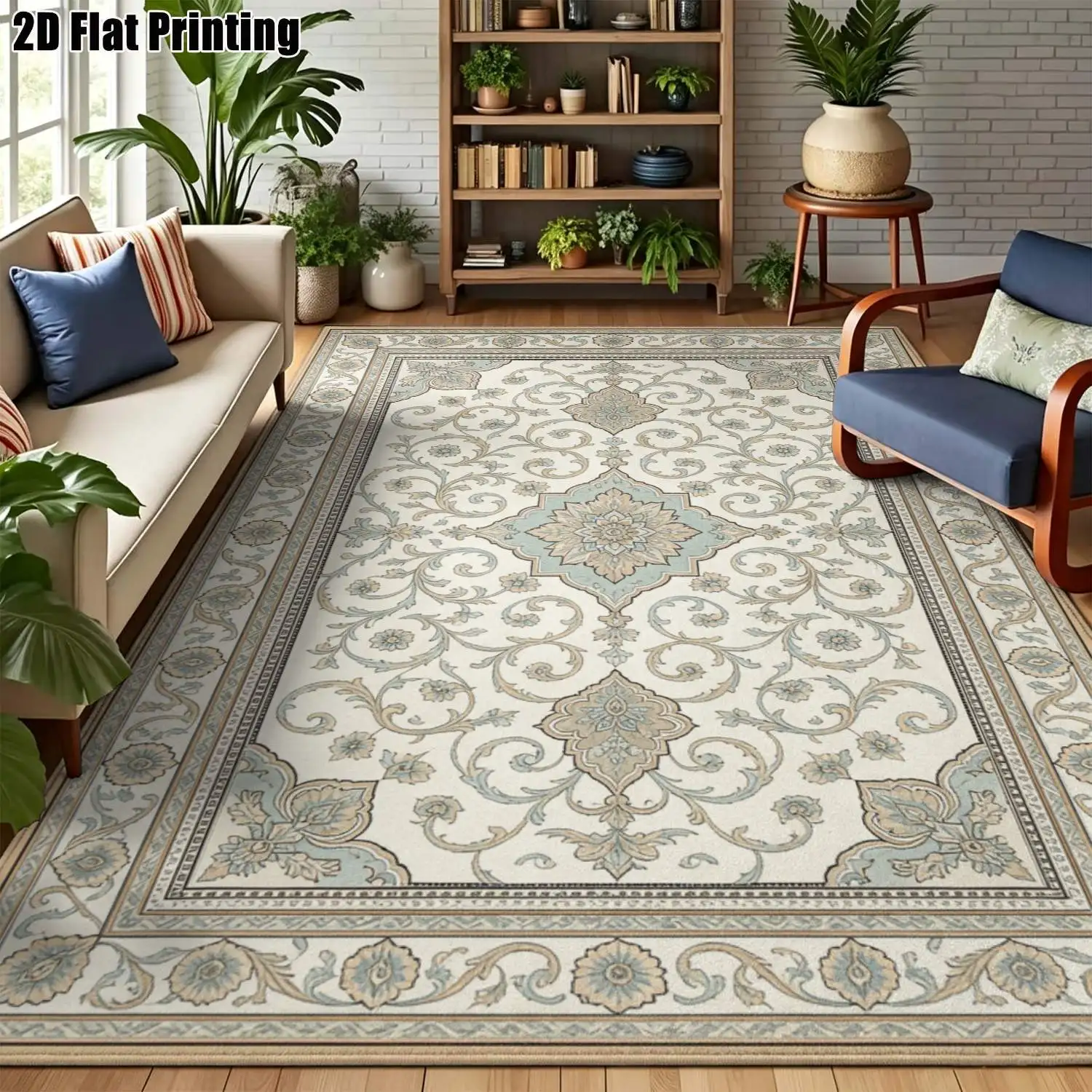 1Pc 2D Printed Carpet: Blue, White, Brown Scroll Pattern Vintage, Minimalist, Instagram-Style Floor Mats for Home Decor, Multi-Size, Machine Washable, for Living Room, Bedroom, Dining Room, Entrance, Study.