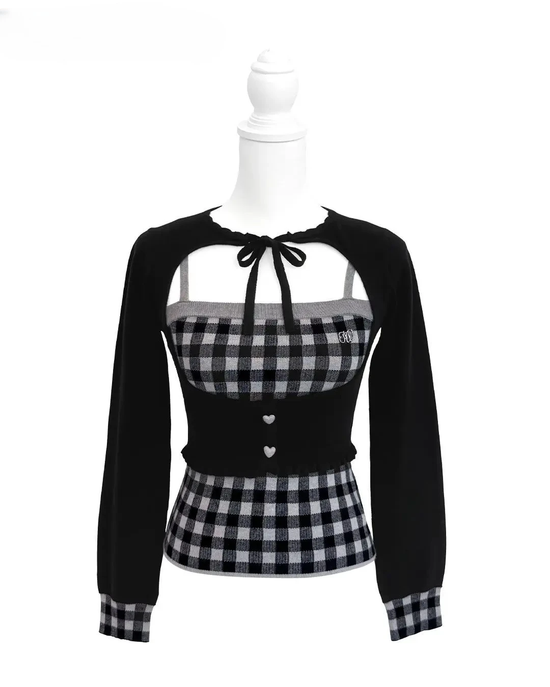 일본 스타일 여성 상의 가을 겨울 신상 달콤하고 귀여운 레이스업 니트 가디건 + 체크 니트 캐미솔 여성용