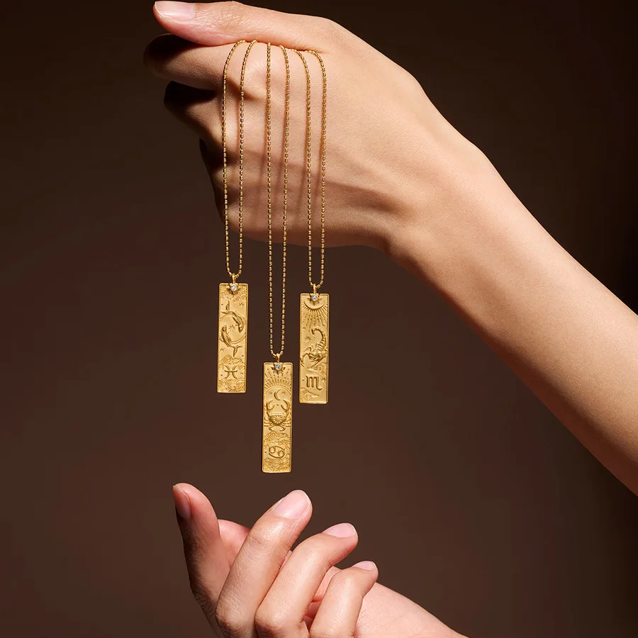 18k Gold Plated Rectangle Shape 12 Constellation Pendant Necklace Stainless Steel Waterproof Fashion Women's Jewelry