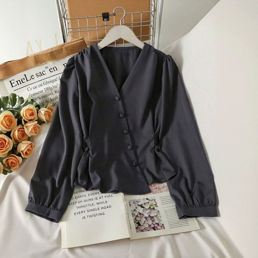 여성용 2025 편안한 가을 셔츠 긴 소매 브이넥 단색 버튼 데일리 레귤러 핏 셔츠