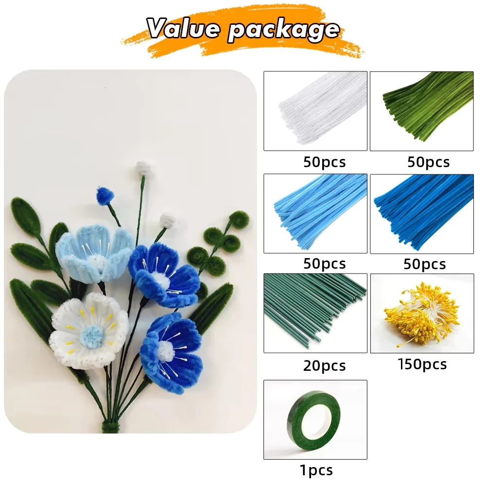 200 Pcs Pipe Cleaner Flowers Kit DIY Art Flower Bouquet Craft Set  Chenille Stems  Wire with Floral Wires and Floral Tape